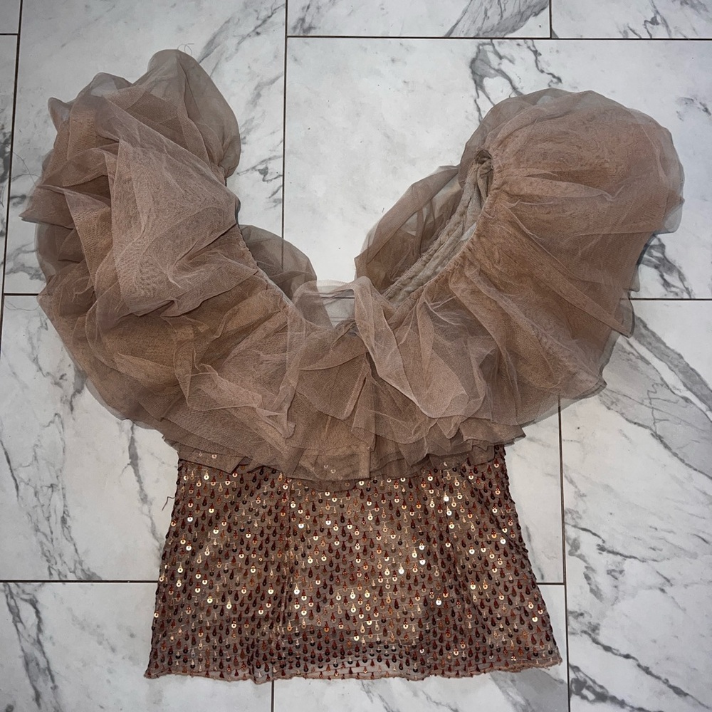 Formal Nude dramatic Ruffled sequence Blouse - Picture 9 of 13